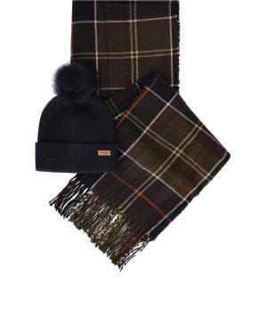 BARBOUR DOVER/HAILES TARTAN BLUE BEANIE+SCARF SET