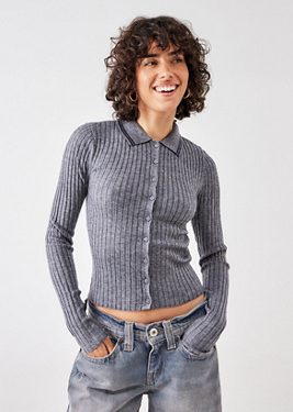 BDG Denver Ribbed Knit Polo Top - Grey XS at Urban Outfitters