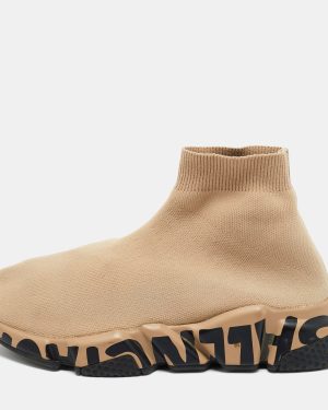 Balenciaga Beige Knit Fabric Speed Trainer High Top Sneakers Size 37