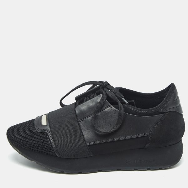 Balenciaga Black Leather and Mesh Race Runner Low Top Sneakers Size 36