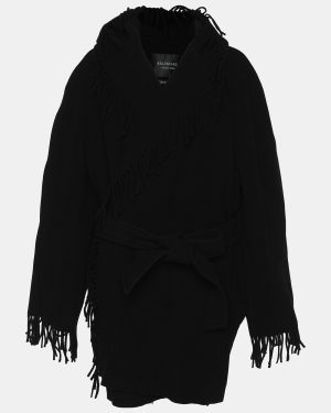 Balenciaga Black Wool Fringe Edge Hooded Cardi Coat M