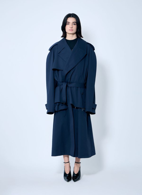 Balenciaga Cropped Distressed Hem Trench Coat - Woman Coats Blue 2