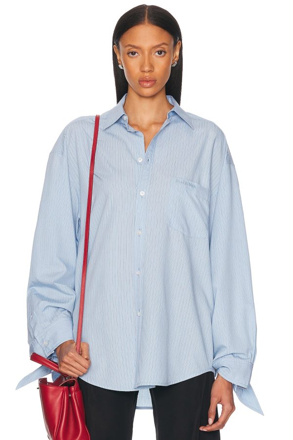 Balenciaga Knotted Cuff Blouse in Sky Blue & White - Blue. Size 1 (also in 2, 3, 4).