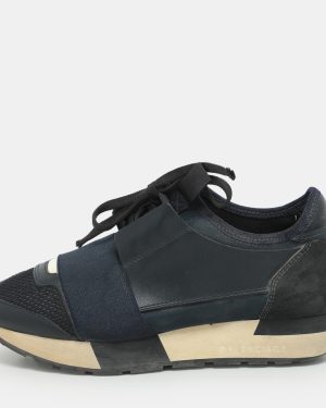 Balenciaga Navy Blue Leather and Mesh Race Runner Low Top Sneakers Size 35