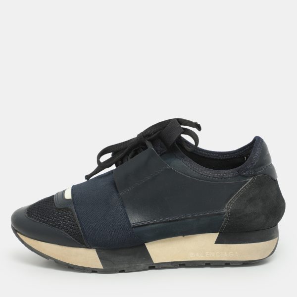 Balenciaga Navy Blue Leather and Mesh Race Runner Low Top Sneakers Size 35