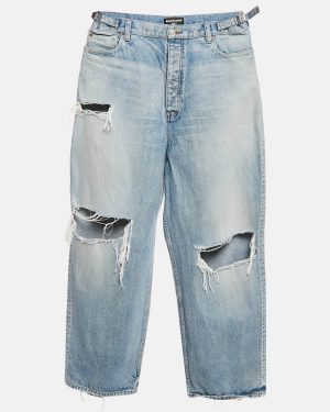 Balenciaga Unifit Blue Denim Distressed Wide Leg Jeans L