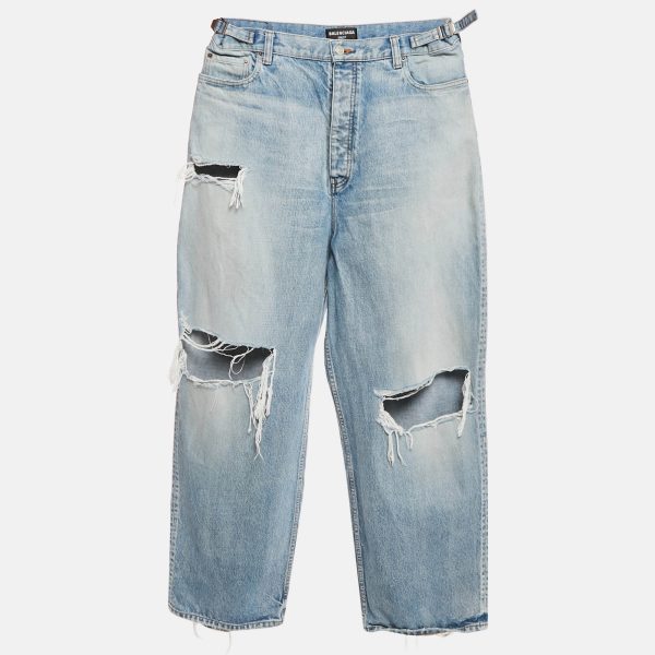 Balenciaga Unifit Blue Denim Distressed Wide Leg Jeans L