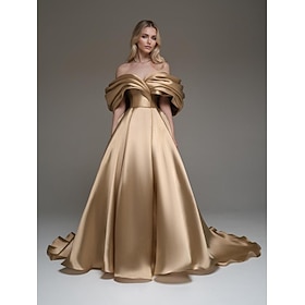 Ball Gown A-Line Evening Gown Elegant Dress Formal Wedding Court Train Sleeveless Off Shoulder Stretch Satin with Pleats Ruched 2025