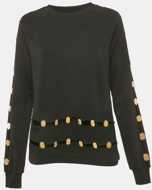 Balmain Black Cotton Knit Coin Embellished Sweatshirt M