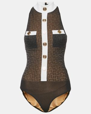 Balmain Black Monogram Mesh High Neck Bodycon Top S