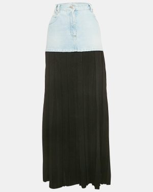 Balmain Blue/Black Denim and Lurex Knit Pleated Maxi Skirt M