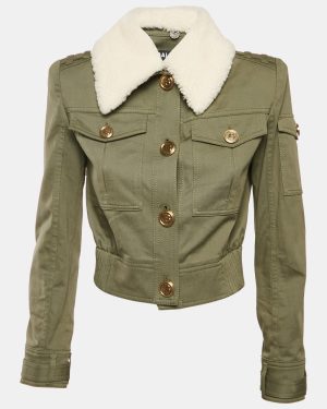 Balmain Green Shearling Collar Gabardine Crop Jacket S