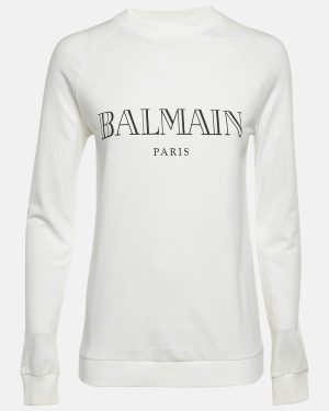 Balmain White Logo Print Cotton Crew Neck Sweatshirt S
