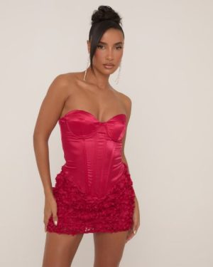 Bandeau 3D Rose Detail Corseted Mini Bodycon Dress In Red Satin, Women's Size UK 10