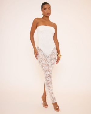 Bandeau Bodysuit Detail Maxi Dress In White Sheer Lace, Women's Size UK 6