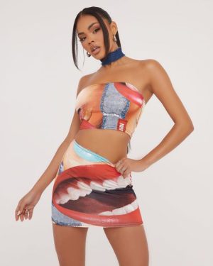 Bandeau Mouth Print Detail Crop Top In Red Slinky, Women's Size UK 10