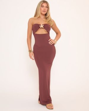 Bandeau Starfish Trim Detail Cut Out Maxi Dress In Brown, Women's Size UK Large L