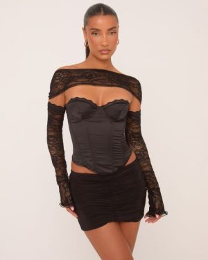Bandeau Structured Corset Top With Lace Sleeves In Black Satin, Women's Size UK 6
