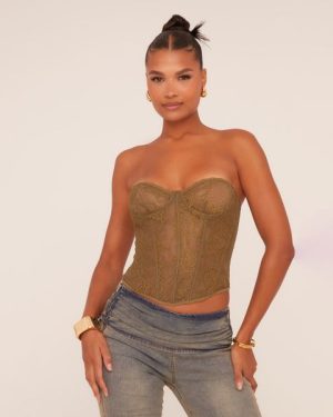 Bandeau Structured Detail Corset Top In Khaki Lace, Women's Size UK 12