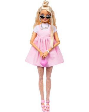 Barbie Deluxe Style Doll #3 in Barbiecore Outfit Blond Hair in Top Knot Pink Pastel Dress with Oversized Bow and Accessories Like Mesh Tights