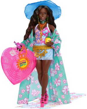 Barbie Extra Fly Doll with Beach-Themed Travel clothes & Accessories Tropical coverup with Oversized Hat & Bag