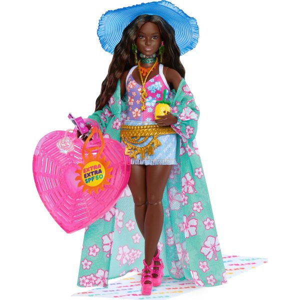 Barbie Extra Fly Doll with Beach-Themed Travel clothes & Accessories Tropical coverup with Oversized Hat & Bag