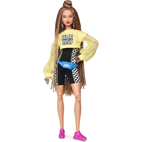 Barbie GHT91 BMR1959 Fully Poseable Fashion Doll with Braided Hair, Wearing Bike Shorts Romper and Cropped Sweatshirt with Accessories and Doll Stand