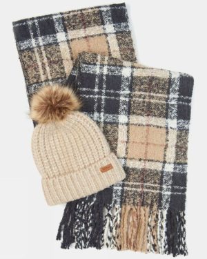 Barbour Womens Saltburn Beanie and Tartan Scarf Gift Set - Beige