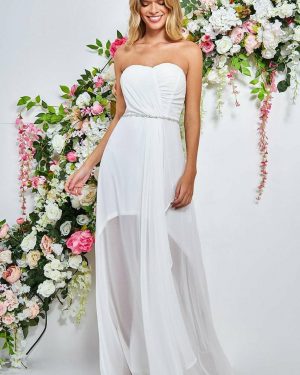 Bardot Chiffon Wedding Dress With Belt - White by Goddiva