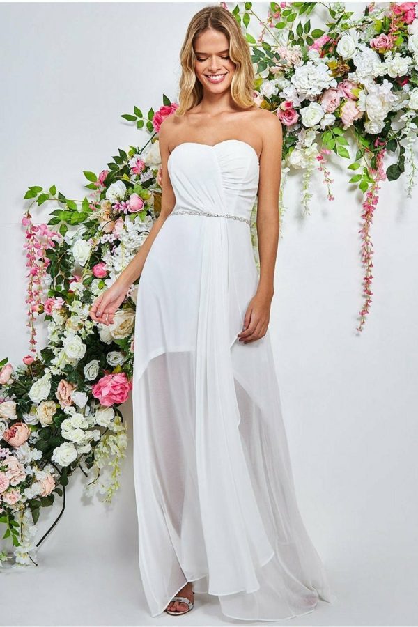 Bardot Chiffon Wedding Dress With Belt - White by Goddiva
