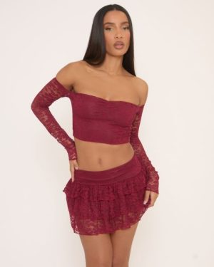 Bardot Crop Top In Burgundy Lace, Women's Size UK 10
