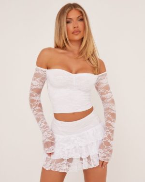 Bardot Crop Top In Cream Lace, Women's Size UK 4