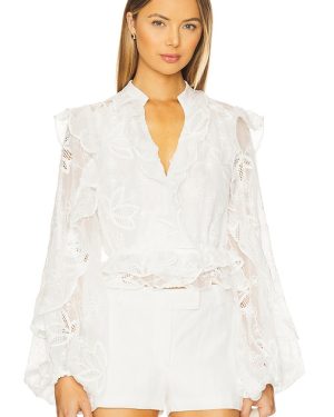 Bardot Frill Embroidered Blouse in White. Size 12, 2, 4, 6, 8.