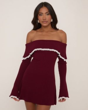 Bardot Lace Trim Flippy Hem Mini Dress In Burgundy Knit, Women's Size UK Small S