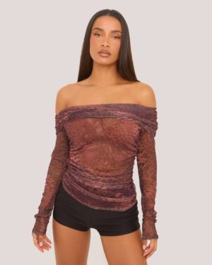 Bardot Long Sleeve Top In Brown Leopard Print Mesh, Women's Size UK 6