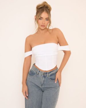 Bardot Pleated Bust Corset Top In White, Women's Size UK 6