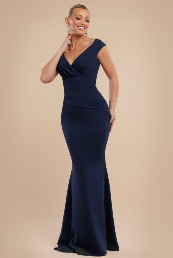 Bardot Pleated Maxi Dress - Navy Blue by Goddiva