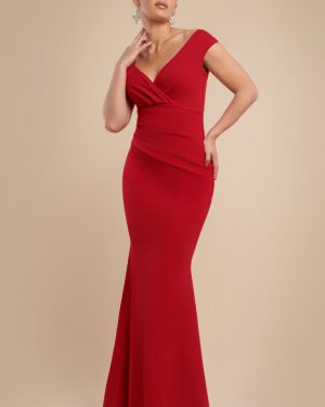 Bardot Pleated Maxi Dress - Red by Goddiva