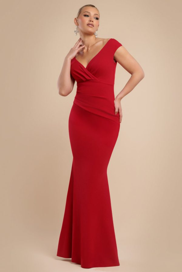 Bardot Pleated Maxi Dress - Red by Goddiva