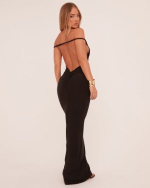 Bardot Ruched Bum Twisted Detail Maxi Dress In Black, Women's Size UK 6