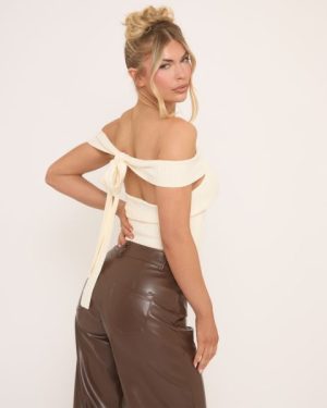 Bardot Tie Back Detail Top In Cream Ribbed Knit, Women's Size UK Medium M