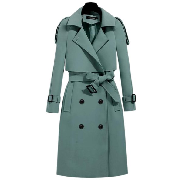 (Bean Green, 3XL) Women's Classic Trench Coat Mid-length Fashion Wind-proof Coat For Autumn Spring Daily Wear