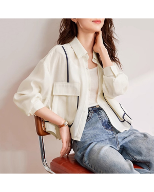 (Beige, L) Women Spring Summer Simplicity Office Lady Contrasting Colors Polo Collar Long Sleeve Shirts Ladies Fashion All-match Trend Tops