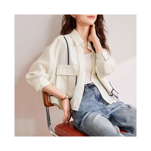 (Beige, L) Women Spring Summer Simplicity Office Lady Contrasting Colors Polo Collar Long Sleeve Shirts Ladies Fashion All-match Trend Tops