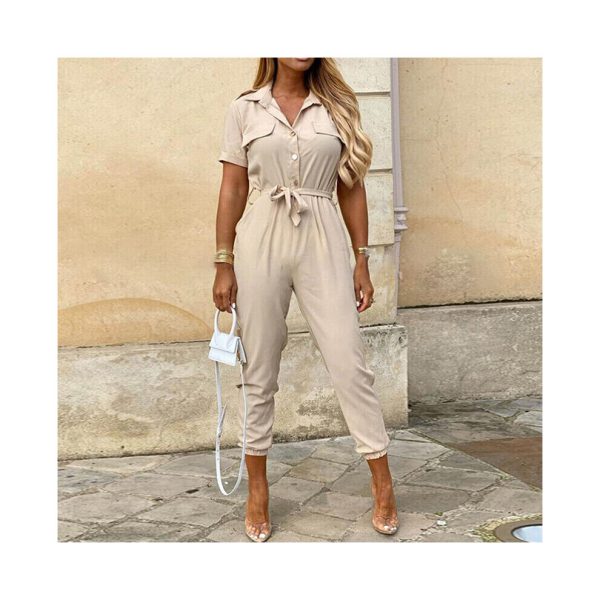 (Beige, M=UK SIZE 8) Womens Belted Jumpsuits Playsuit Ladies Cargo Trousers Stripes Tie Waist Rompers