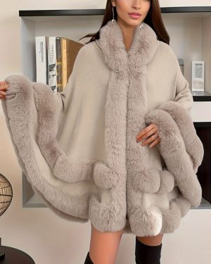 (Beige, One-size) Plus Size Fuzzy Trim Solid Cape Coat, Casual Hooded Warm Outerwear For Fall & Winter