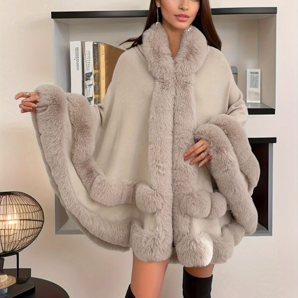 (Beige, One-size) Plus Size Fuzzy Trim Solid Cape Coat, Casual Hooded Warm Outerwear For Fall & Winter
