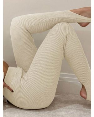 Beige Ribbed Knit Leggings Women High Waist Cotton Fitness Basic Pants Casual Spring All-Match Female Skinny Leggings