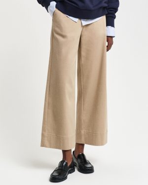 Beige Wide Leg Cropped Cotton Trousers