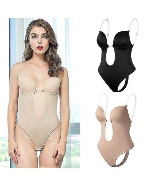 (Beige, XL(38)) Women Plunging Deep V-neck Body Shaper Strapless Backless Bodysuit Shapewear U Plunge Seamless Thong Full Bodysuits